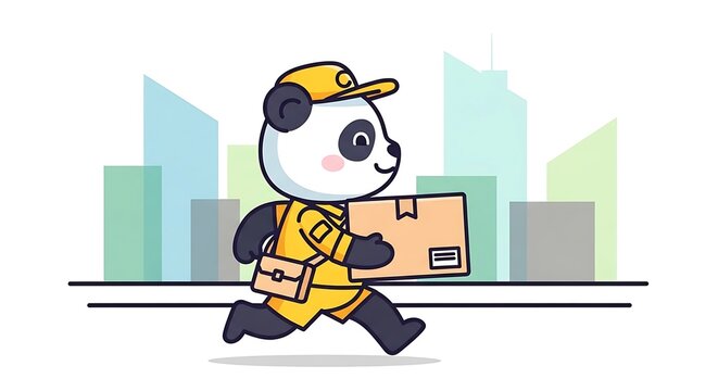 A cartoon panda, wearing a delivery uniform, runs with a package against a cityscape. The background consists of simplified buildings