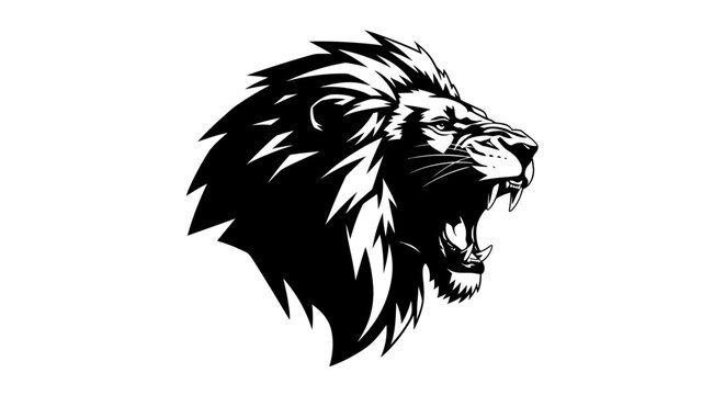 Roaring Lion Head Black and White Vector Illustration.