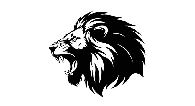 Roaring lion head in black and white, a powerful and majestic animal symbol.
