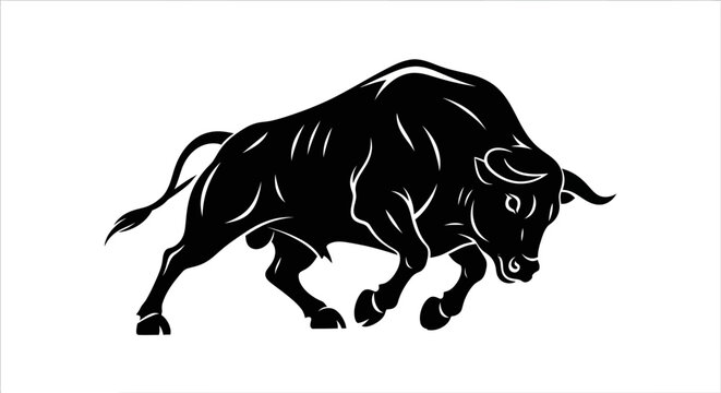 Powerful black bull silhouette in an aggressive stance.