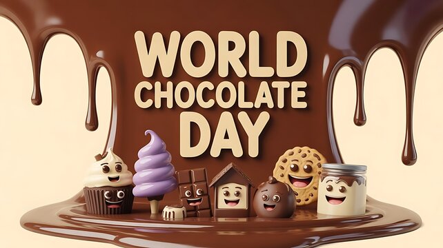 World Chocolate Day celebration featuring smiling cocoa treats and melting chocolate drips