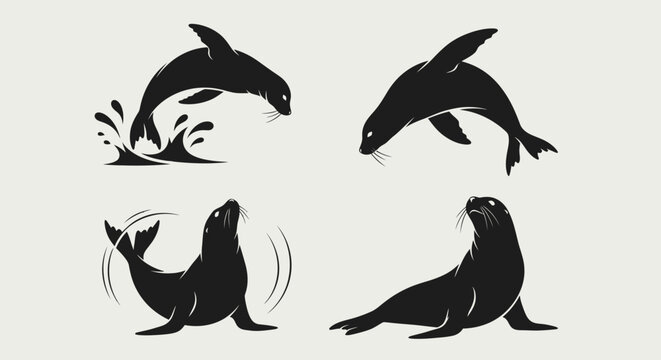 Set of four black silhouettes of sea lions and seals in various poses.