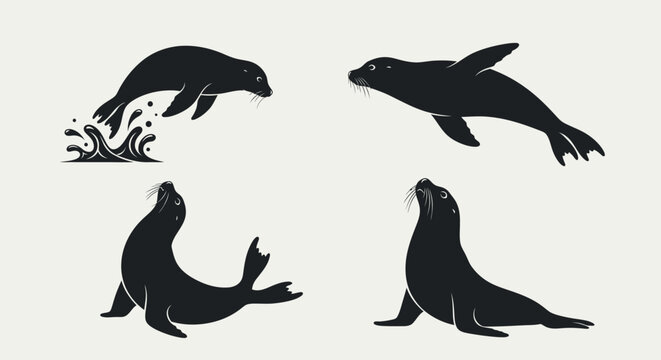 Set of four black silhouettes of seals in various poses.