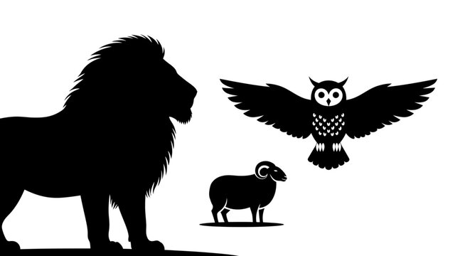Silhouettes of a majestic lion, a wise owl, and a gentle sheep on a clean white background.