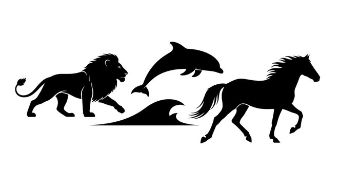 Silhouettes of majestic lion dolphin and horse with a wave.