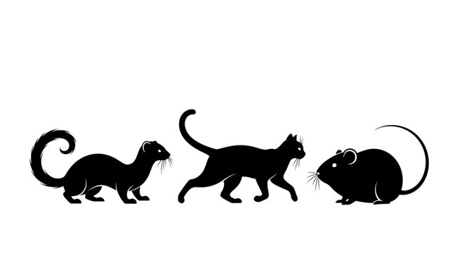 Silhouettes of a weasel, cat, and mouse on a white background.