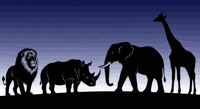 Silhouettes of African wildlife including a lion, rhinoceros, elephant, and giraffe against a blue gradient sky.