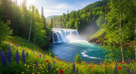 Naklejka premium Beautiful waterfall in forest with colorful flowers
