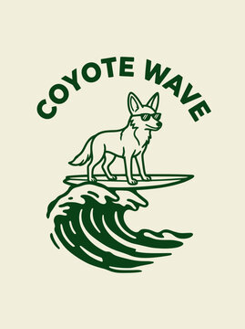 Coyote surfing on wave board.