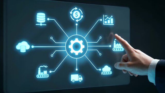 Hand touching digital interface with interconnected gears and industrial automation icons on glowing neon display