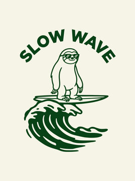 Sloth standing on surfboard wave.