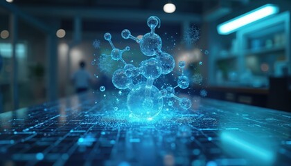 Obraz premium Abstract molecular structure hologram glows on digital lab surface. Futuristic AI drug discovery interface shows DNA, gene, virus data. Scientific research, biotech, pharma, medicine.