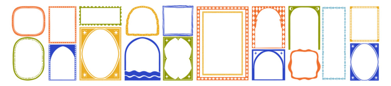 Cute doodle frame set, hand drawn cartoon naive childish border, ornamental abstract decor design. Funky geometric rectangle shape backgrounds, whimsical contemporary decoration. Doodle frame print