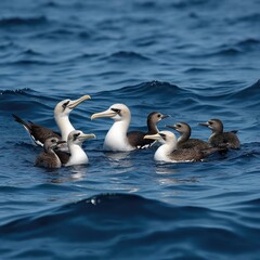 Fototapeta premium Flock of short tailed albatross swim together on wavy blue sea ocean surface. Adults and young birds gather in group. Seabirds float on deep water.