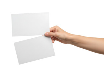 Obraz premium Hand holding two blank white rectangular paper sheets for branding mockup