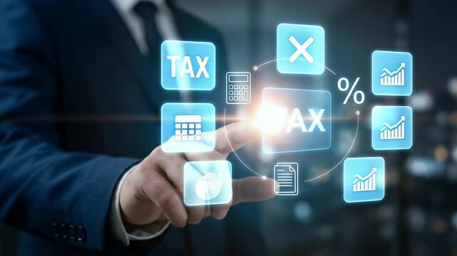 Businessman touching digital tax calculation interface with financial icons and analytics symbols
