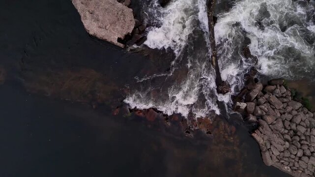 Aerial top down view of river rapids and weir