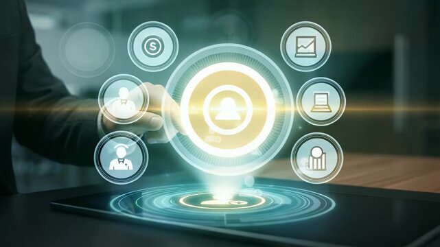 Digital user profile management interface with networking icons on holographic touchscreen display