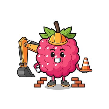 A cartoon raspberry wearing a construction hat and boots, operates an excavator and holds a traffic cone near bricks