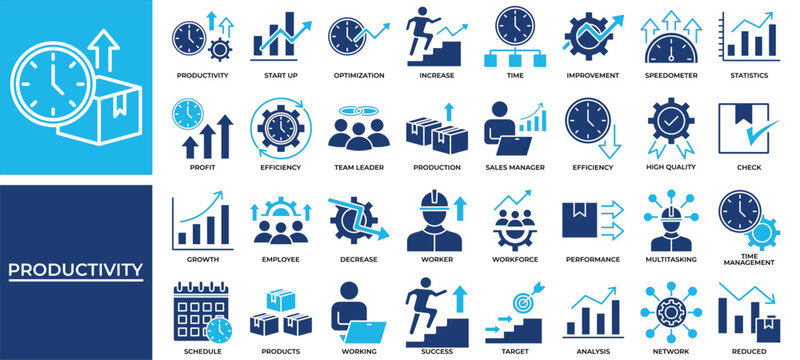 Productivity icon set collection. Containing statistics, increase, efficiency, profit, progress, improvement, leader .Solid vector icons collection