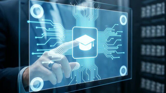 Hand touching digital graduation cap icon on interactive screen with circuit board network design