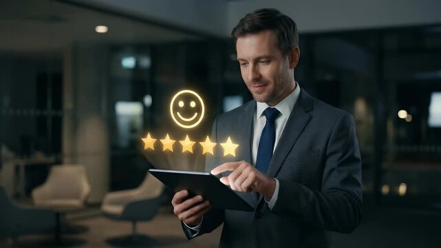 Businessman holding tablet displaying five star rating and smiley face feedback in modern office