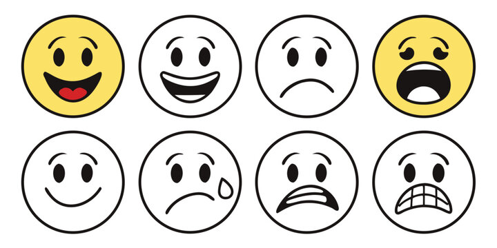 Diverse set of emoji faces displaying various emotions including happiness sadness worry anger with yellow and outline styles line art social media white background