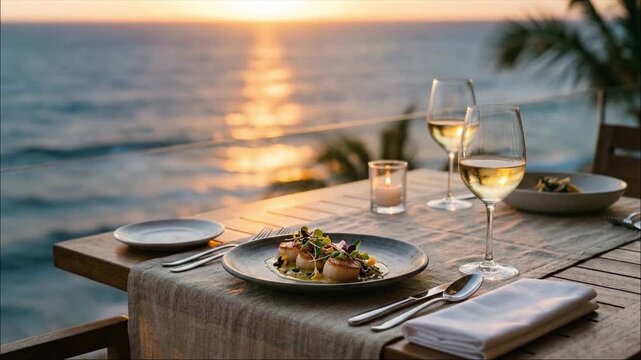 美しいサンセットとオーシャンビューを楽しむラグジュアリーな食事風景