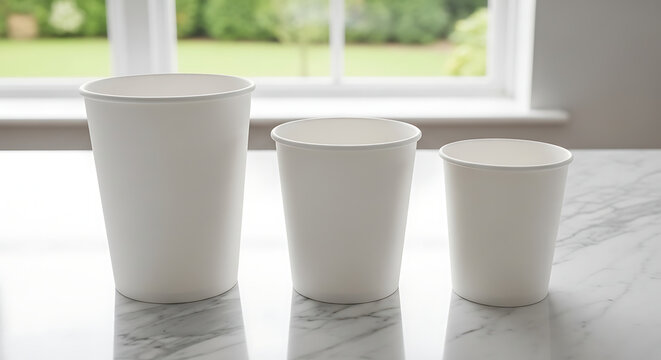 Three different sizes of white paper coffee cups on kitchen counter with small medium large with eco friendly