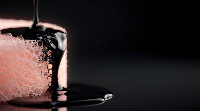 Dark viscous liquid slowly drips onto a textured pink sponge-like material, emphasizing absorption and the captivating flow of fluids against a minimalist background