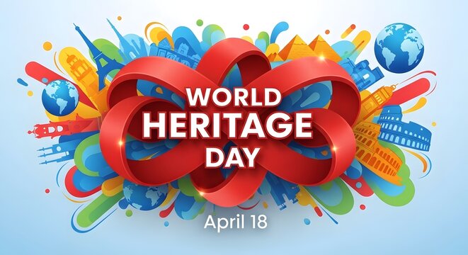 World heritage day celebration poster with iconic landmarks and globe