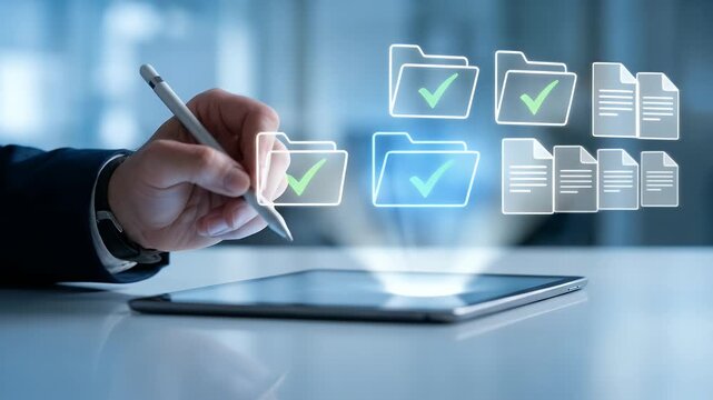 Businessman using digital pen to check completed tasks and organize files on tablet