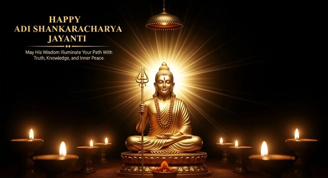 Golden statue of meditating sage adi shankaracharya surrounded by candles and warm light on black background with spiritual text celebrating adi shankaracharya jayanti festival in ... See More