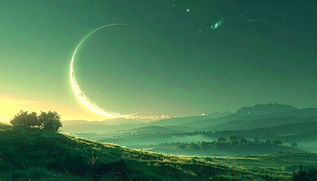Dreamy moonscape with green hills and mountains under a bright celestial arc in an atmospheric vista