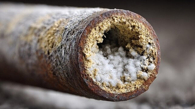 Old rusty metal pipe showing severe limescale and calcium deposit buildup inside, indicating hard water issues and requiring urgent plumbing maintenance, repair, or replacement