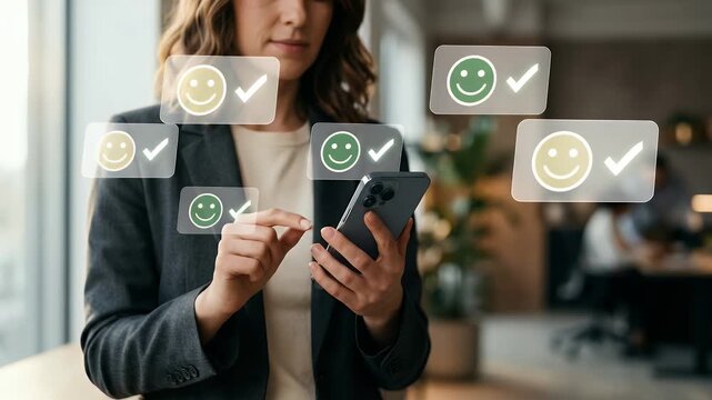 Woman using smartphone to submit customer satisfaction feedback with emoji ratings