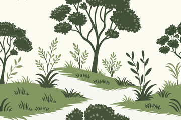 Obraz premium Vector graphic illustration showcasing a stylized natural outdoor landscape with an array of green trees, plants, and grass design elements.
