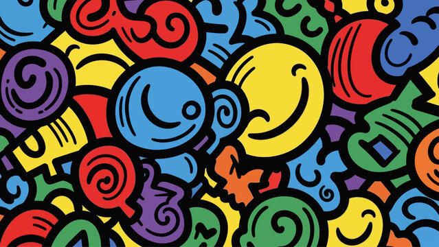 Colorful abstract doodle pattern with smiley faces and swirls.