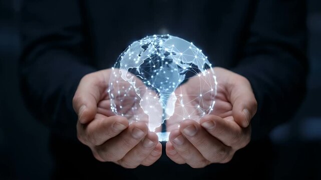 Businessman holding digital globe with network connections and data visualization