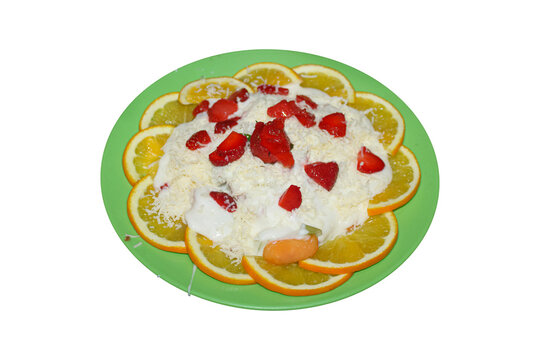 Fresh Tropical Fruit Salad with Grated Cheese and Strawberries, Isolated on Transparent Background