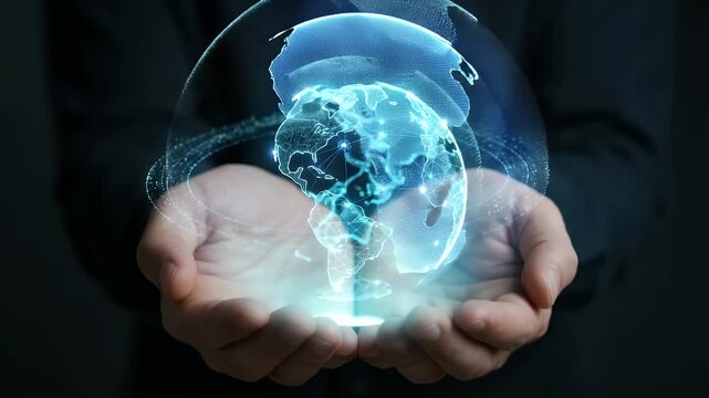 Hands holding glowing digital Earth globe with network connections and light effects