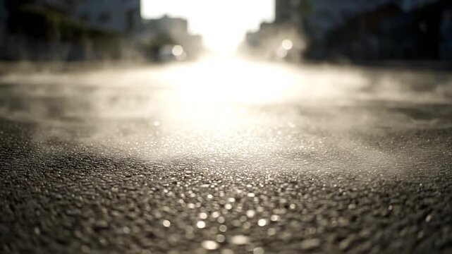 Steam rising from asphalt road in city street at sunrise, low angle shot