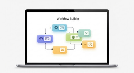 Fototapeta premium Laptop displaying workflow builder diagram on screen with colorful flowchart business process management tool