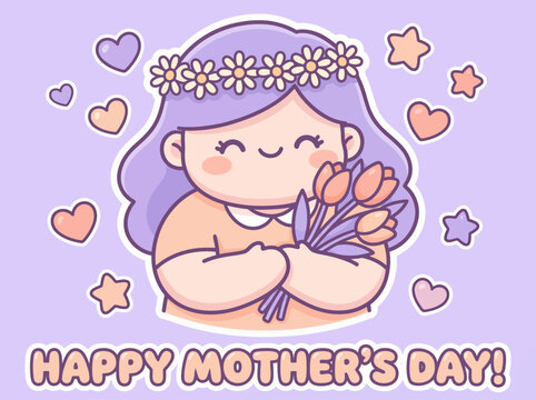 Happy Mother's Day. Delightful cartoon character illustration of a smiling girl adorned with a flower crown, happily embracing a fresh bouquet of colorful tulips, symbolizing affection and joy