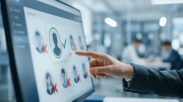 Businessman pointing at organizational chart with employee profiles on digital screen in modern office
