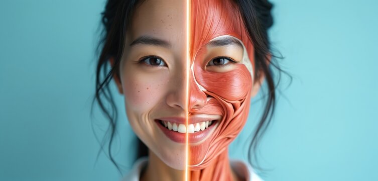 Asian woman smiles showing half her face as muscle anatomy illustration. This visual represents facial health structure and cosmetic science. Image shows skin layers beneath muscular system.