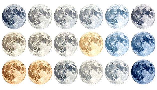 Artistic depiction of various moon phases in a celestial display, showcasing lunar cycles.