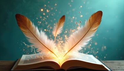 Naklejka premium Open book releases magical glowing feathers and water splashes. Sparkling particles float creating a fantasy atmosphere. Concept of imagination learning and creativity.