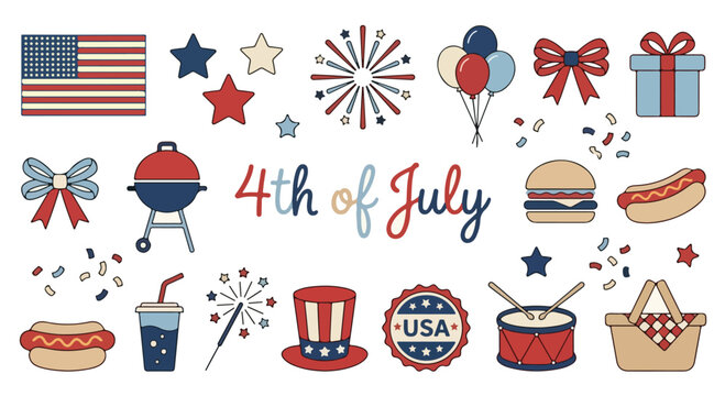 4th of July Independence Day element set with the American flag, a barbecue grill, fireworks, sparklers, balloons, festive bunting, a picnic basket, burgers, and hot dogs. Perfect for Independence Day