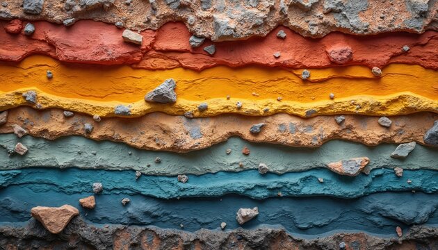 Colorful rock layers show earth geology cross section. Natural rock strata texture with stones. Abstract background for earth science, education, and design.